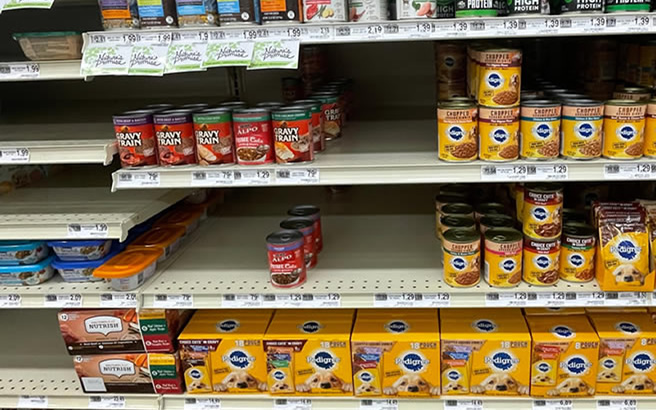 supermarket shelves of pet food